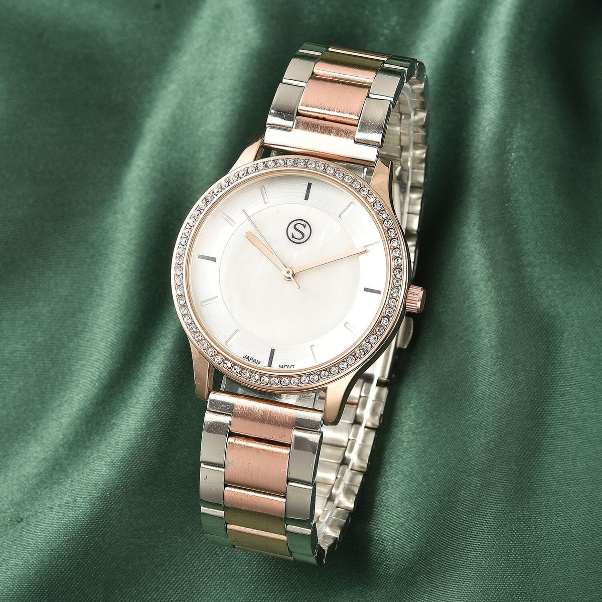 STRADA Japanese Movement Silver and Rose Gold Tone Watch with Crystal Studded Bezel 3689904 2