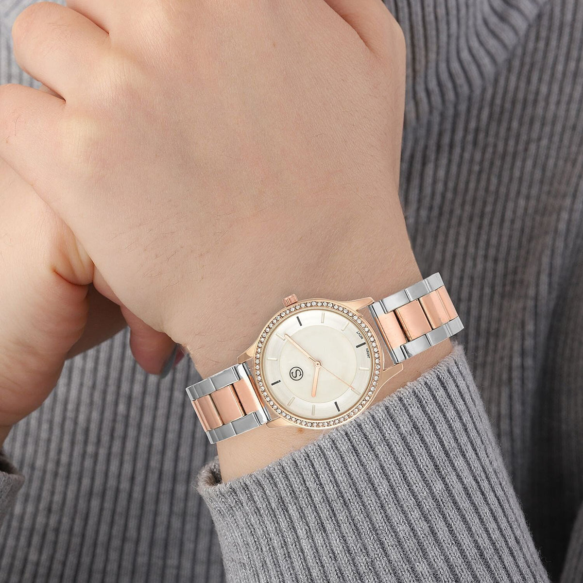 STRADA Japanese Movement Silver and Rose Gold Tone Watch with Crystal Studded Bezel 3689904 3