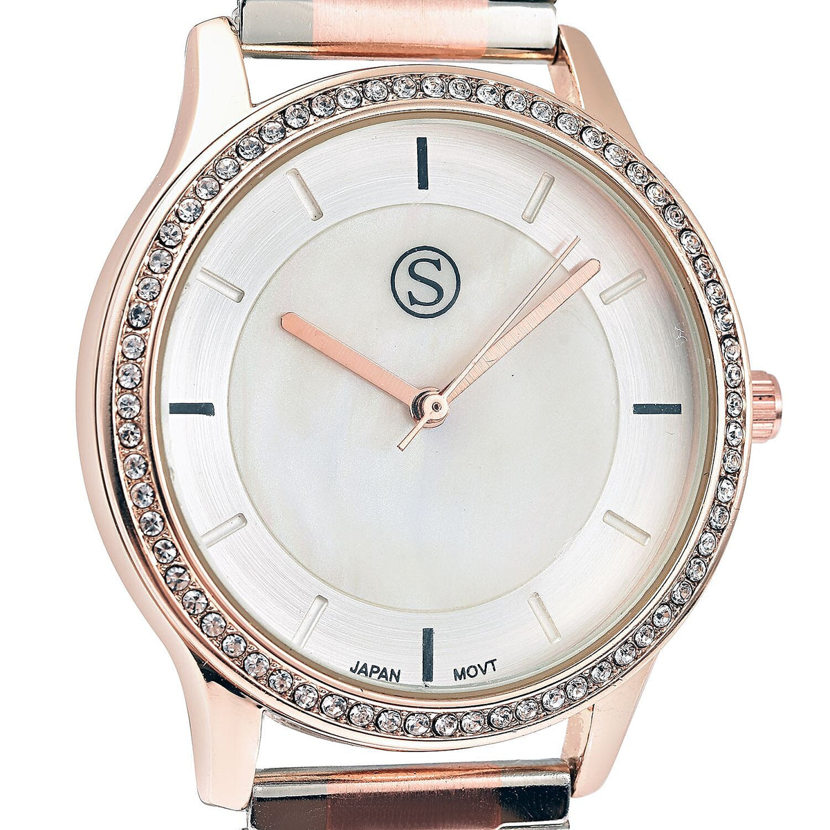 STRADA Japanese Movement Silver and Rose Gold Tone Watch with Crystal Studded Bezel 3689904 4
