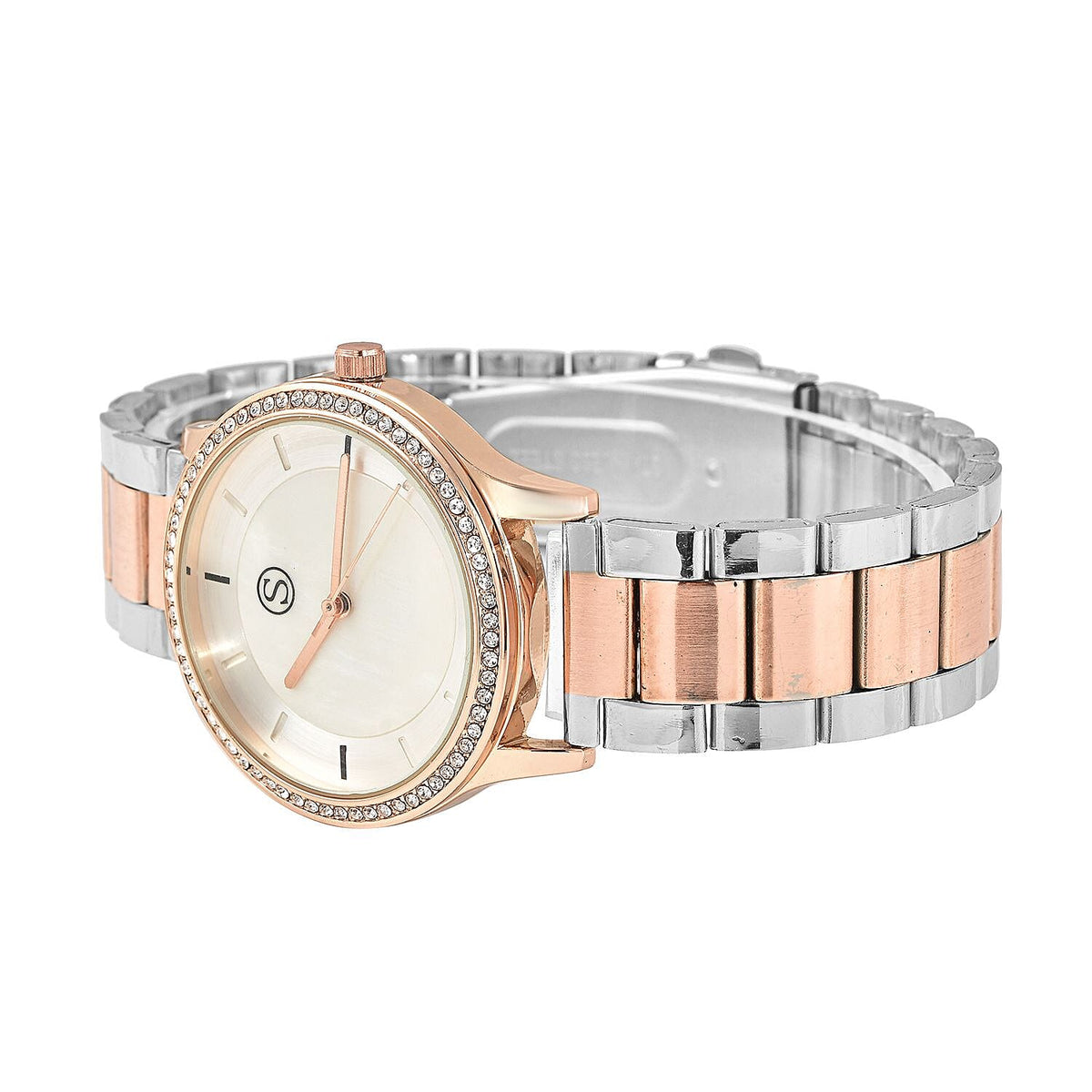 STRADA Japanese Movement Silver and Rose Gold Tone Watch with Crystal Studded Bezel 3689904 5