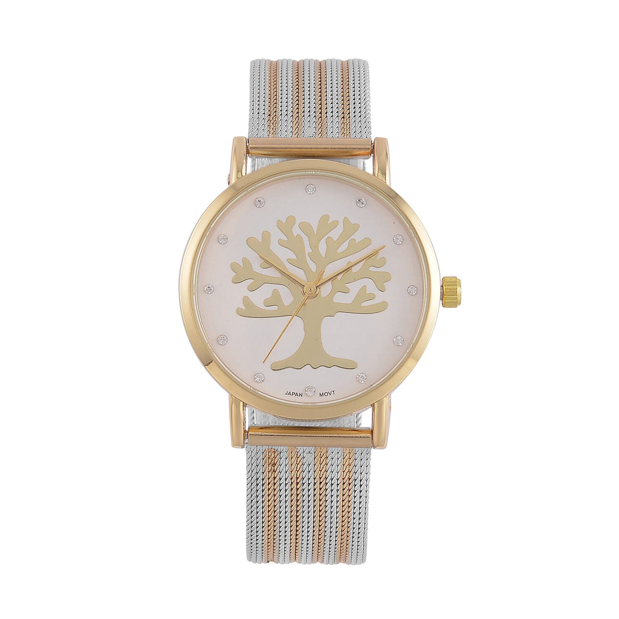 STRADA Japanese Movt.Tree of Life Dial Water Resistant Watch in Gold Tone with Stainless Steel Mesh Strap 7576114 0