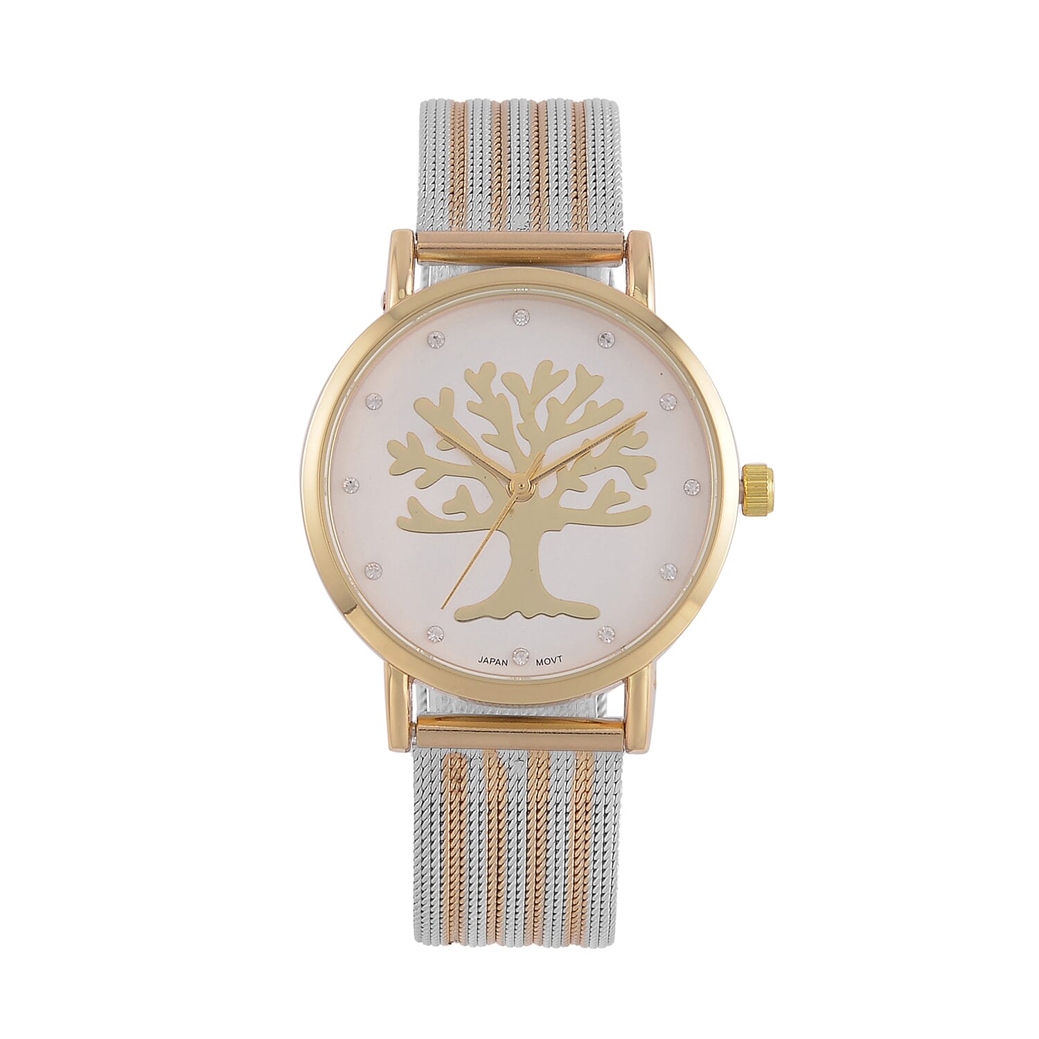 STRADA Japanese Movt.Tree of Life Dial Water Resistant Watch in Gold Tone with Stainless Steel Mesh Strap 7576114 0
