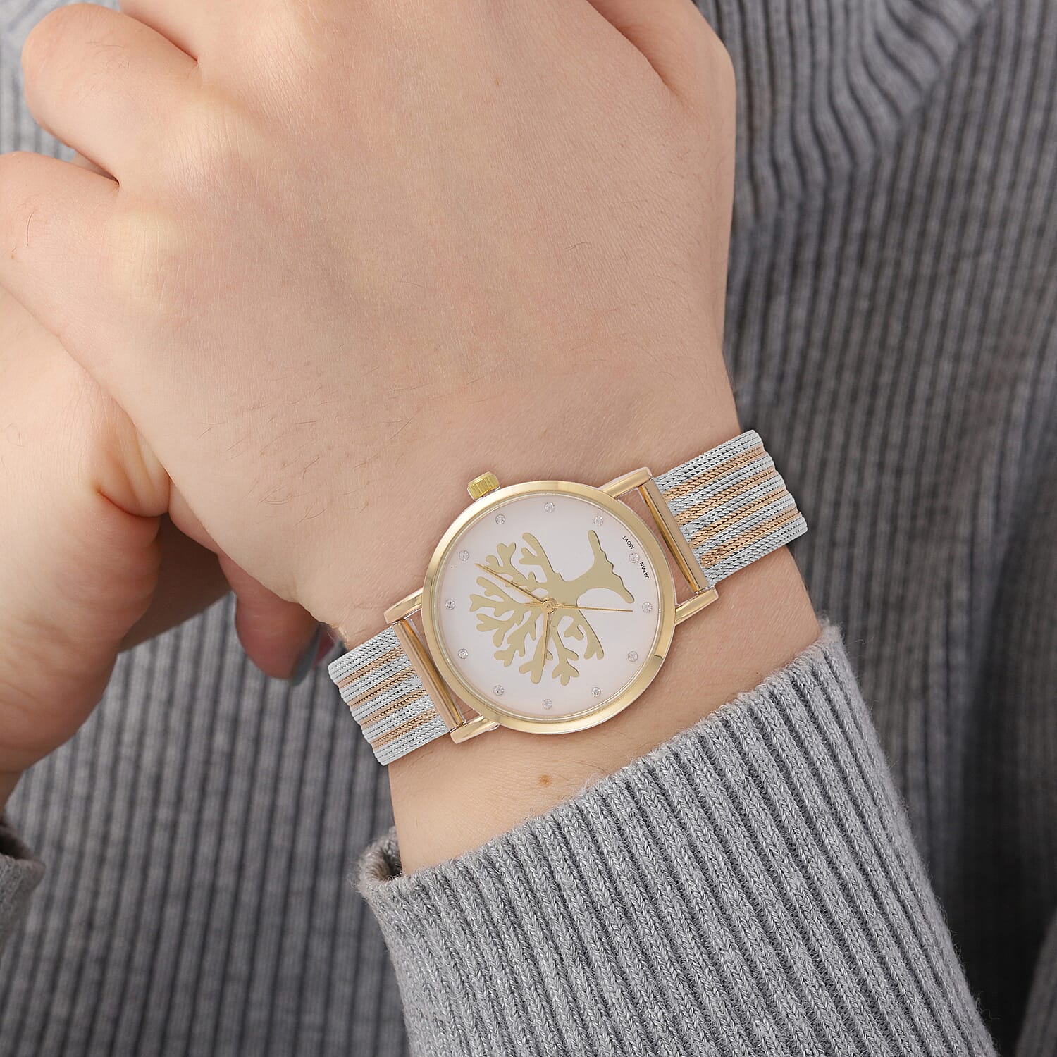 STRADA Japanese Movt.Tree of Life Dial Water Resistant Watch in Gold Tone with Stainless Steel Mesh Strap 7576114 2