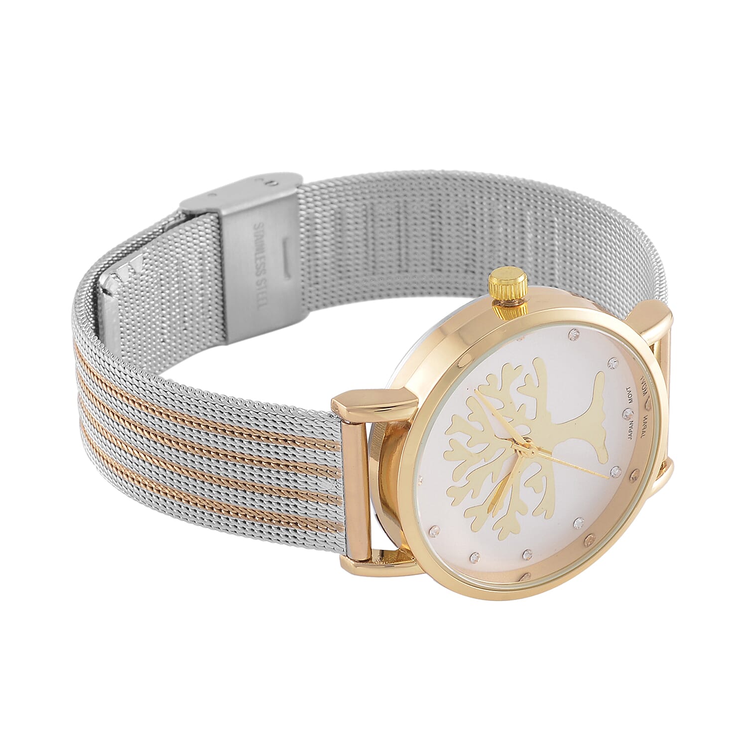 STRADA Japanese Movt.Tree of Life Dial Water Resistant Watch in Gold Tone with Stainless Steel Mesh Strap 7576114 4