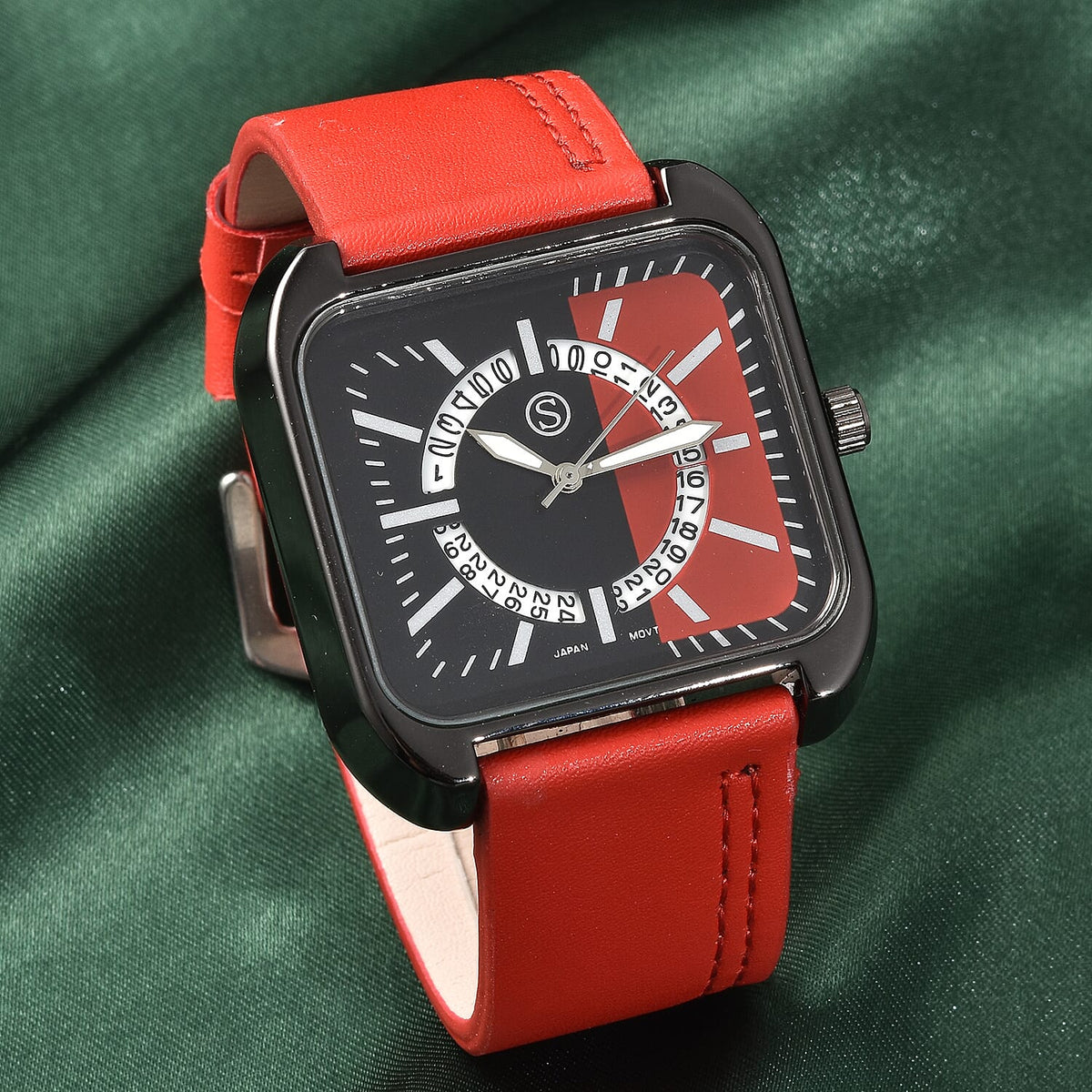 STRADA Japanese Movement Water Resistant Watch with 202 Steel Back and Red Faux Leather Strap - Black and Red 7132207 2