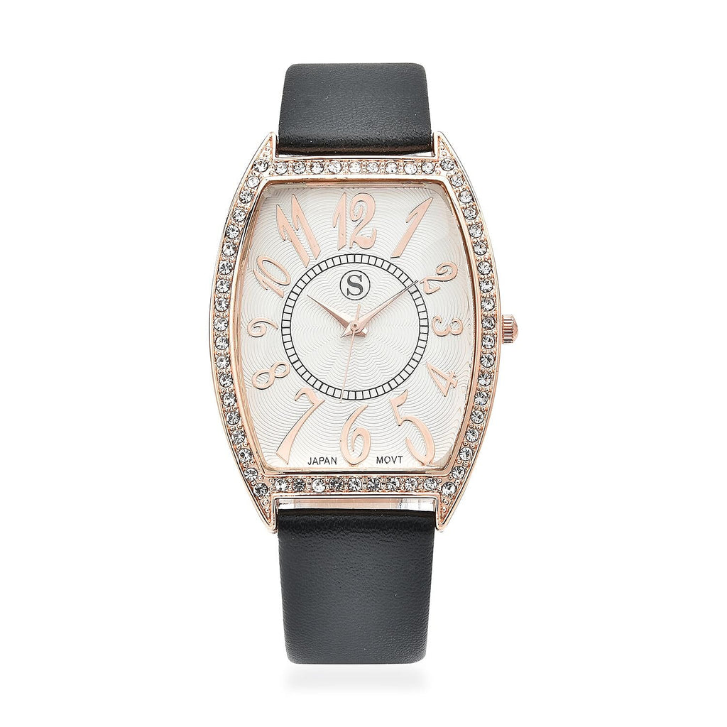 STRADA Japanese Movement White Crystal Studded Water Resistant Watch with Black Colour Strap