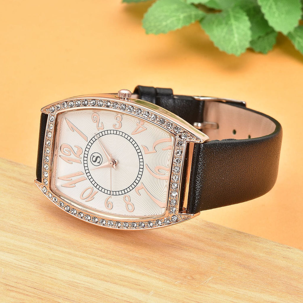 STRADA Japanese Movement White Crystal Studded Water Resistant Watch with Black Colour Strap