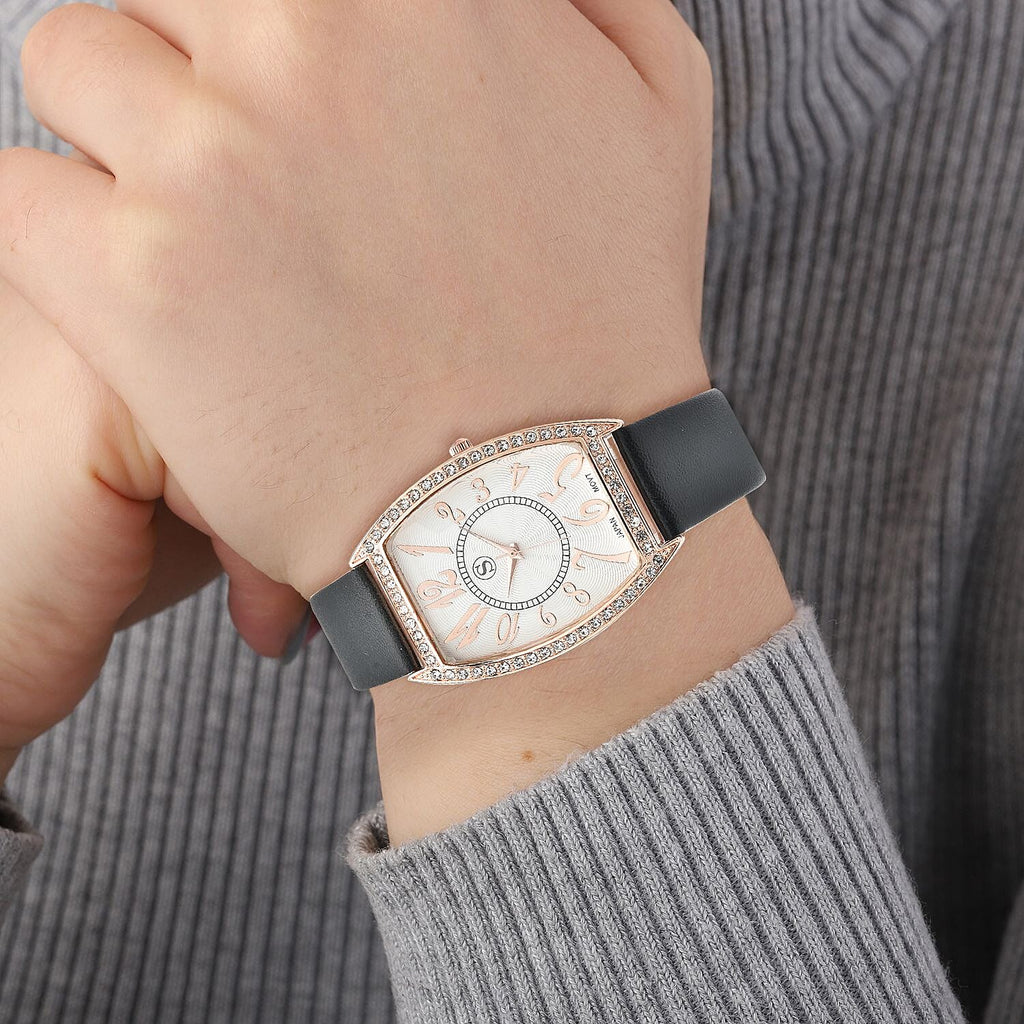 STRADA Japanese Movement White Crystal Studded Water Resistant Watch with Black Colour Strap