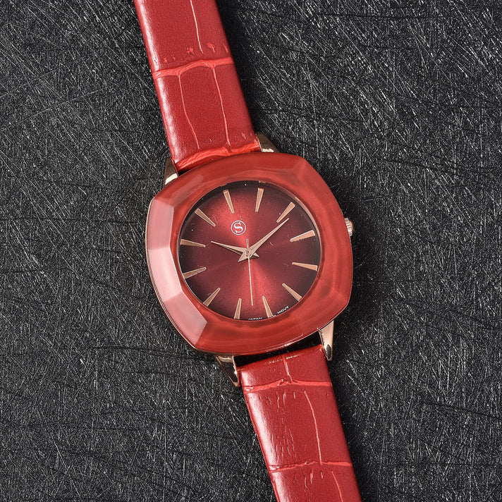 STRADA Japanese Movement Water Resistant Watch with Red Faux Leather Strap - Red 7615570 2