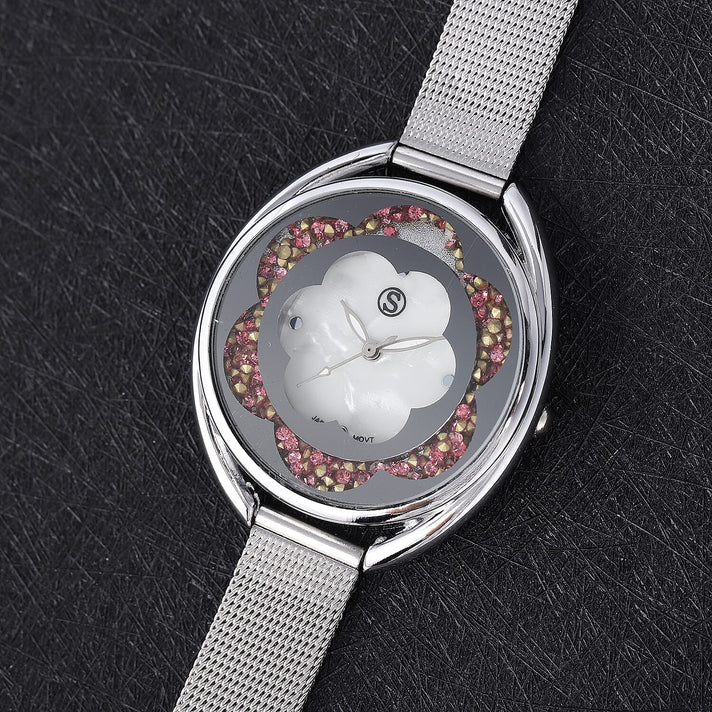 STRADA Japanese Movement White Dial Pink Crystal Filled Silver Watch with Mesh Belt 6486635 2