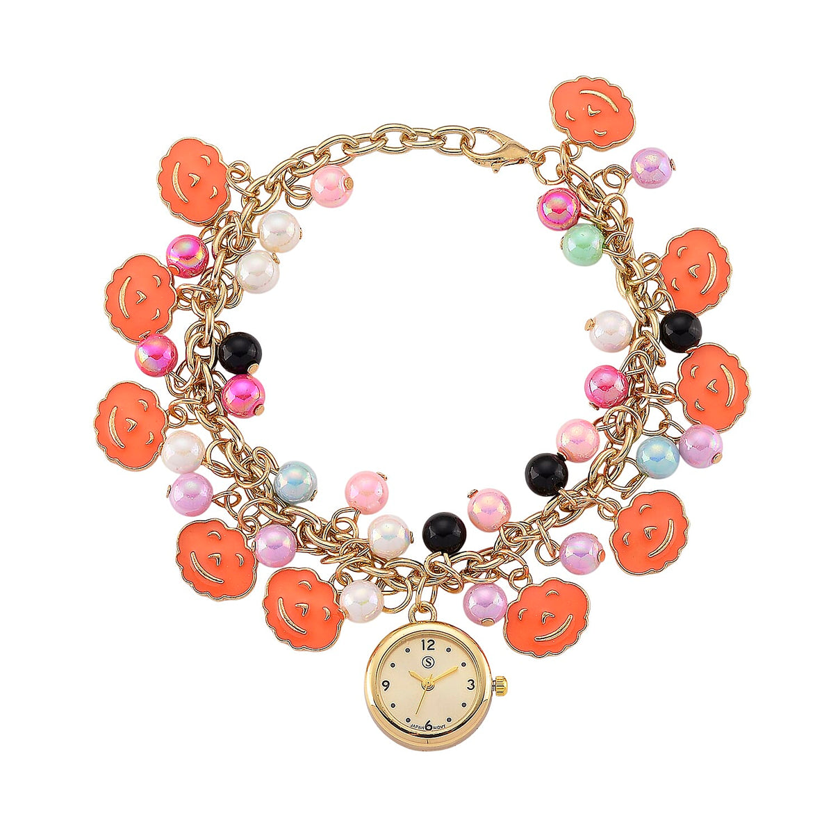 STRADA PC21S Japan Movement Water Resistant Gold Dial Watch with Orange Enamel Pumpkin Charm Chain Strap 8255378 0