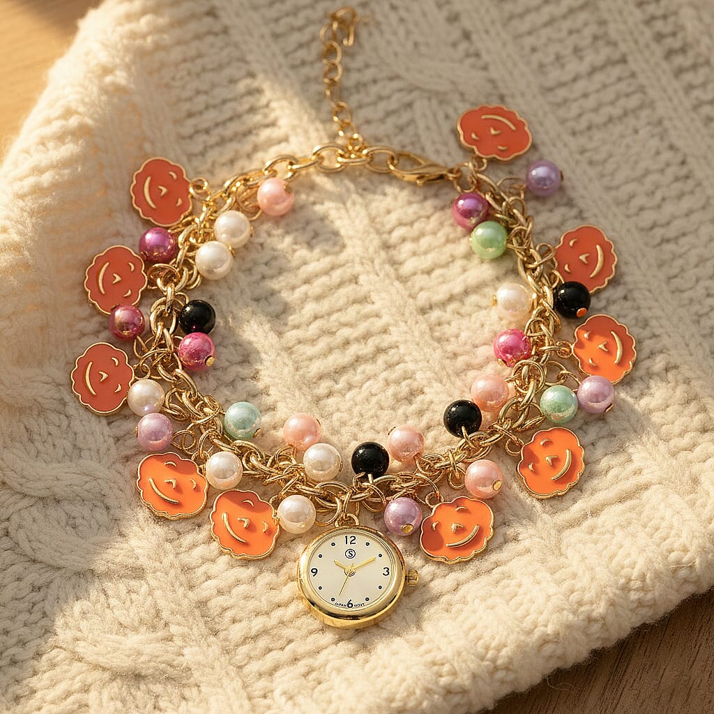 STRADA PC21S Japan Movement Water Resistant Gold Dial Watch with Orange Enamel Pumpkin Charm Chain Strap 8255378 2