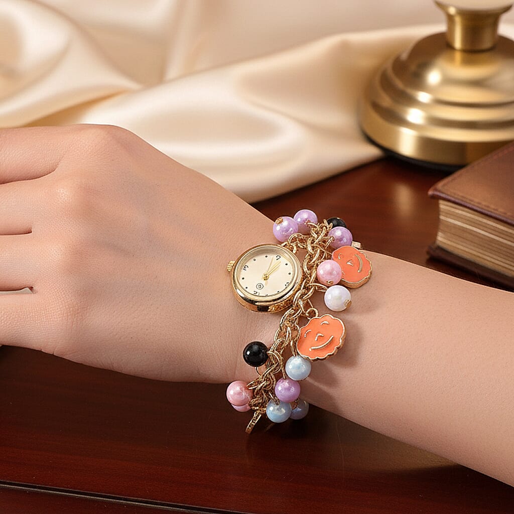STRADA PC21S Japan Movement Water Resistant Gold Dial Watch with Orange Enamel Pumpkin Charm Chain Strap 8255378 3