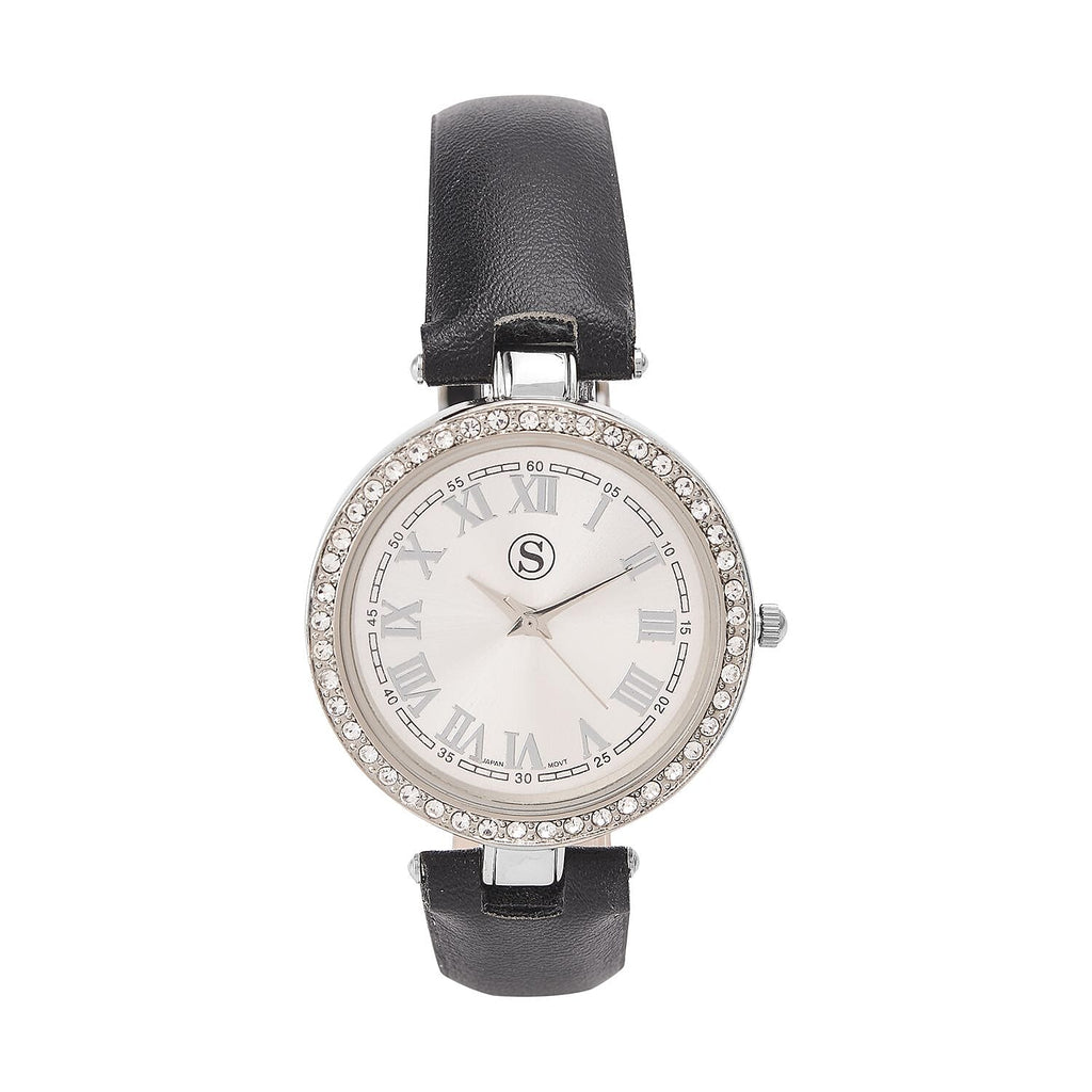 STRADA Japanese Movement White Austrian Crystal Embellished Water Resistant Watch with Black Strap and Silver Dial