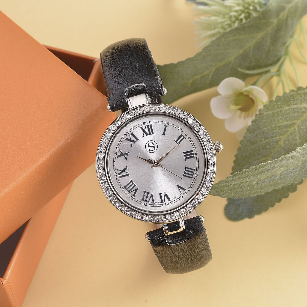 STRADA Japanese Movement White Austrian Crystal Embellished Water Resistant Watch with Black Strap and Silver Dial