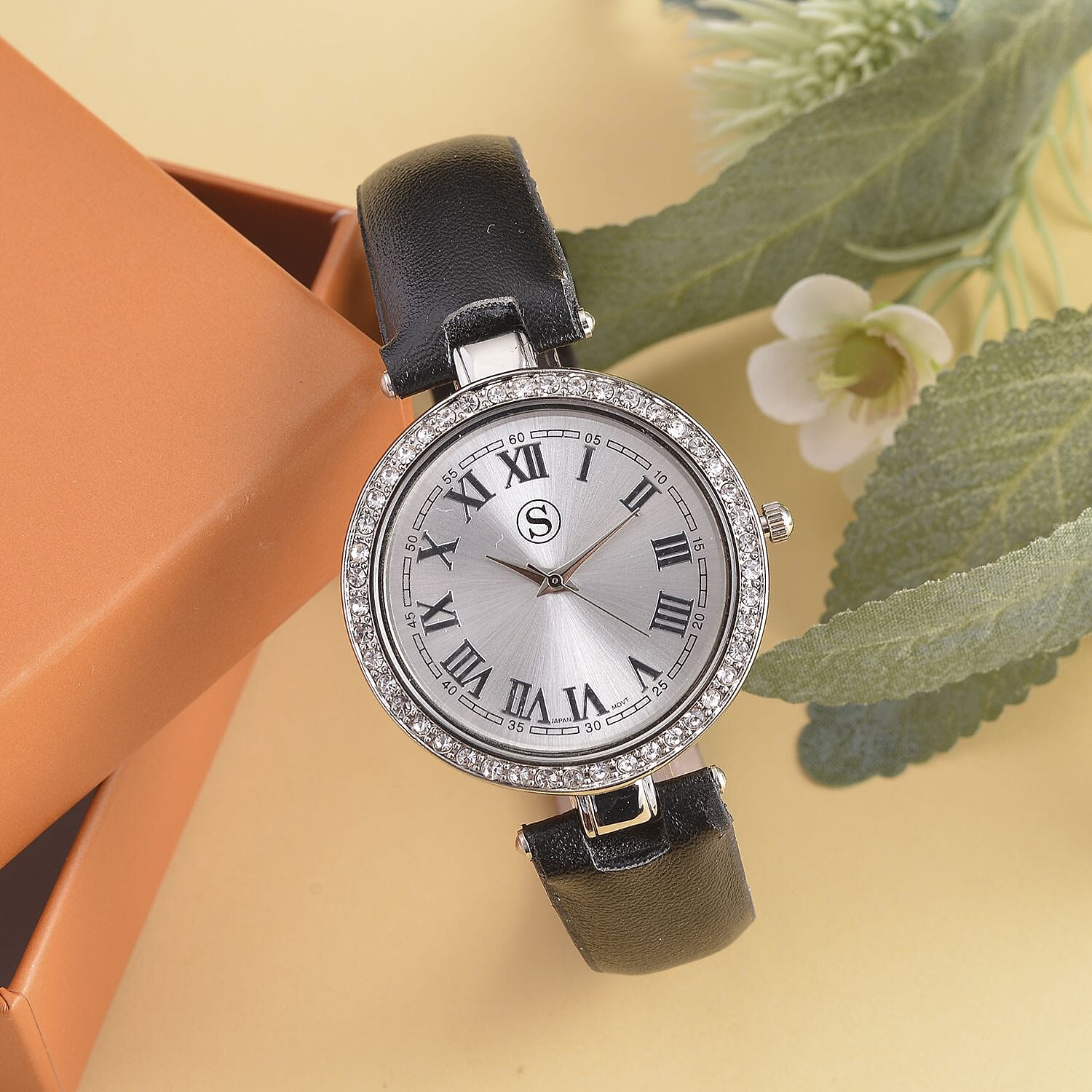 STRADA Japanese Movement White Austrian Crystal Embellished Water Resistant Watch with Black Strap and Silver Dial 7170619 2