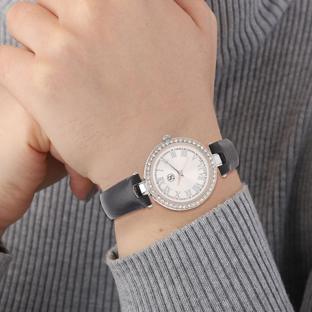 STRADA Japanese Movement White Austrian Crystal Embellished Water Resistant Watch with Black Strap and Silver Dial