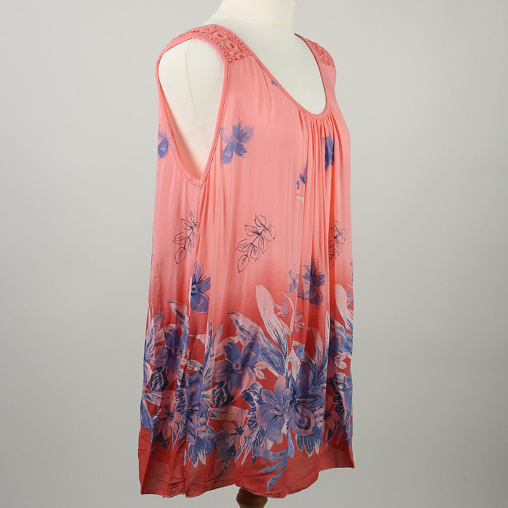 SUGARCRISP Printed Vest Top with Border Detail and Lace Shoulder in Coral (One Size- 60x75cm) CB - 29in