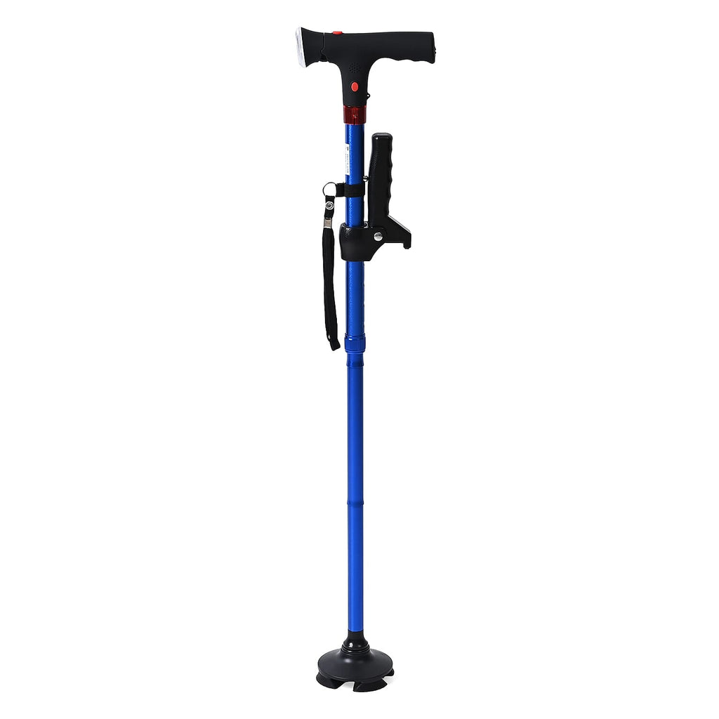 Smart Easy Up Cane (2 Handle) - Adjustable Height (85-97cm) Walking Stick with Light, SOS Alarm - Swivel Base - Blue