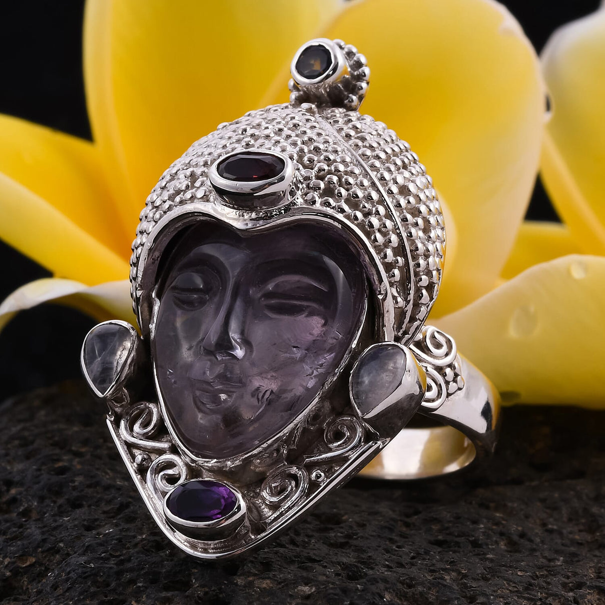 Sajen Silver- 10.35 Ct. Amethyst and Multi Gemstone Devi Danu Hand Carved Ring in Sterling Silver 6062898 0
