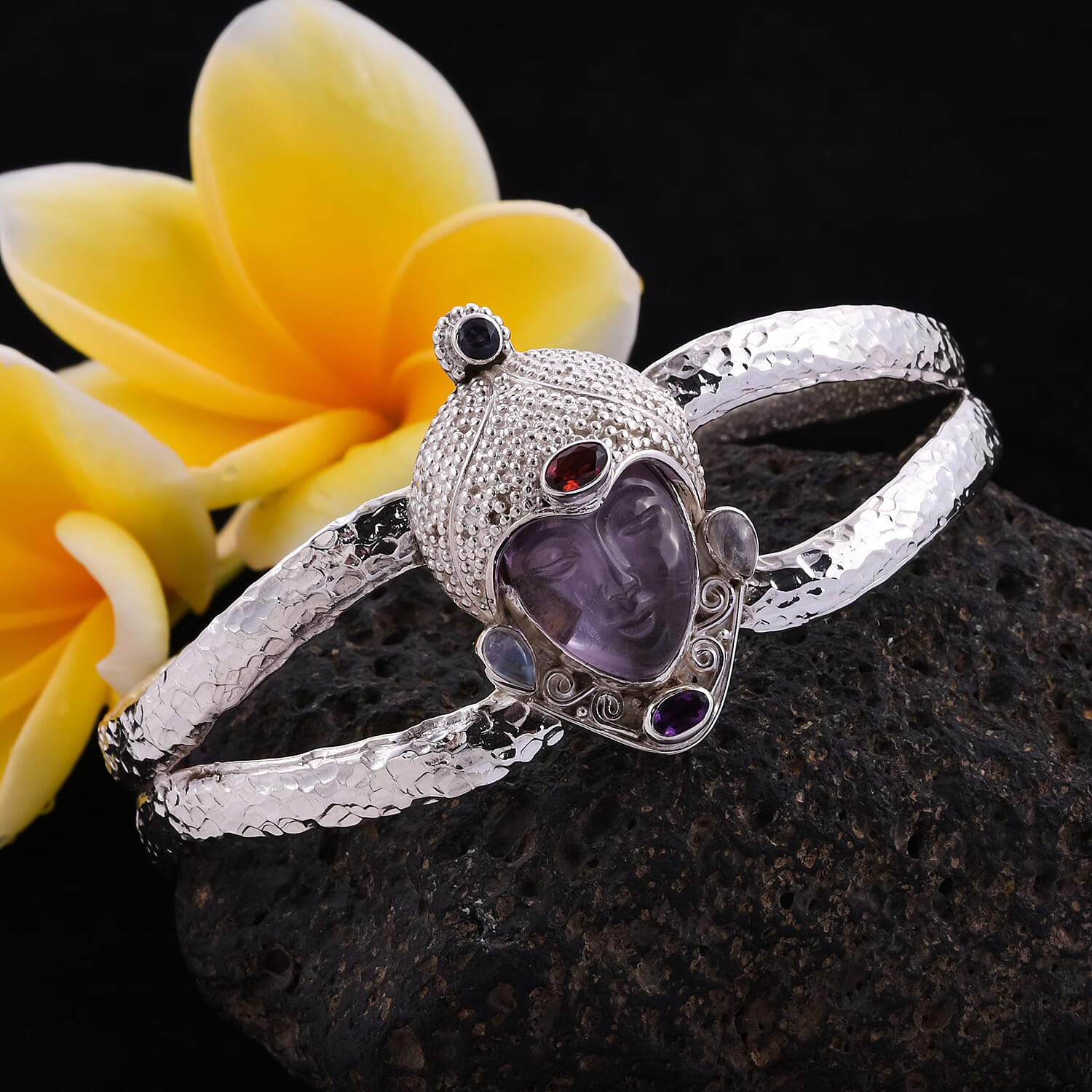 Sajen Silver 10.35 Ct. Amethyst and Multigemstone Hand Carved Devi Danu Cuff Bangle in Sterling Silver 6062950 0