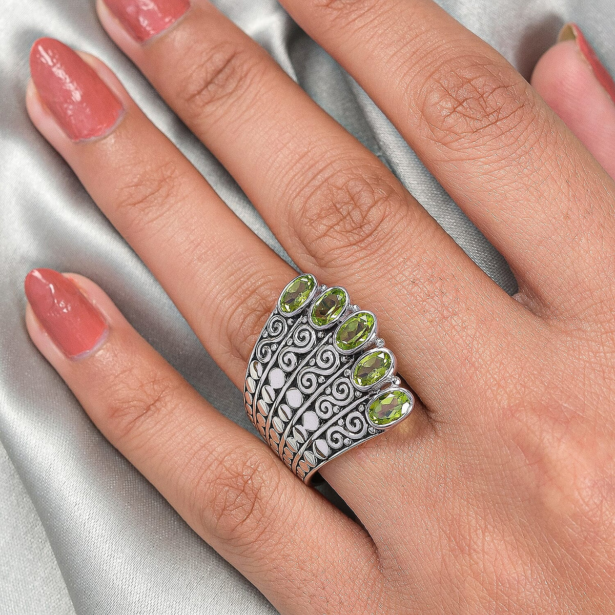 Sajen Silver CULTURAL FLAIR Collection - Hebei Peridot Enamelled Ring in Rhodium Plated Sterling Silver 2.25 ct, Silver wt 8.60 Gms 6126790 3