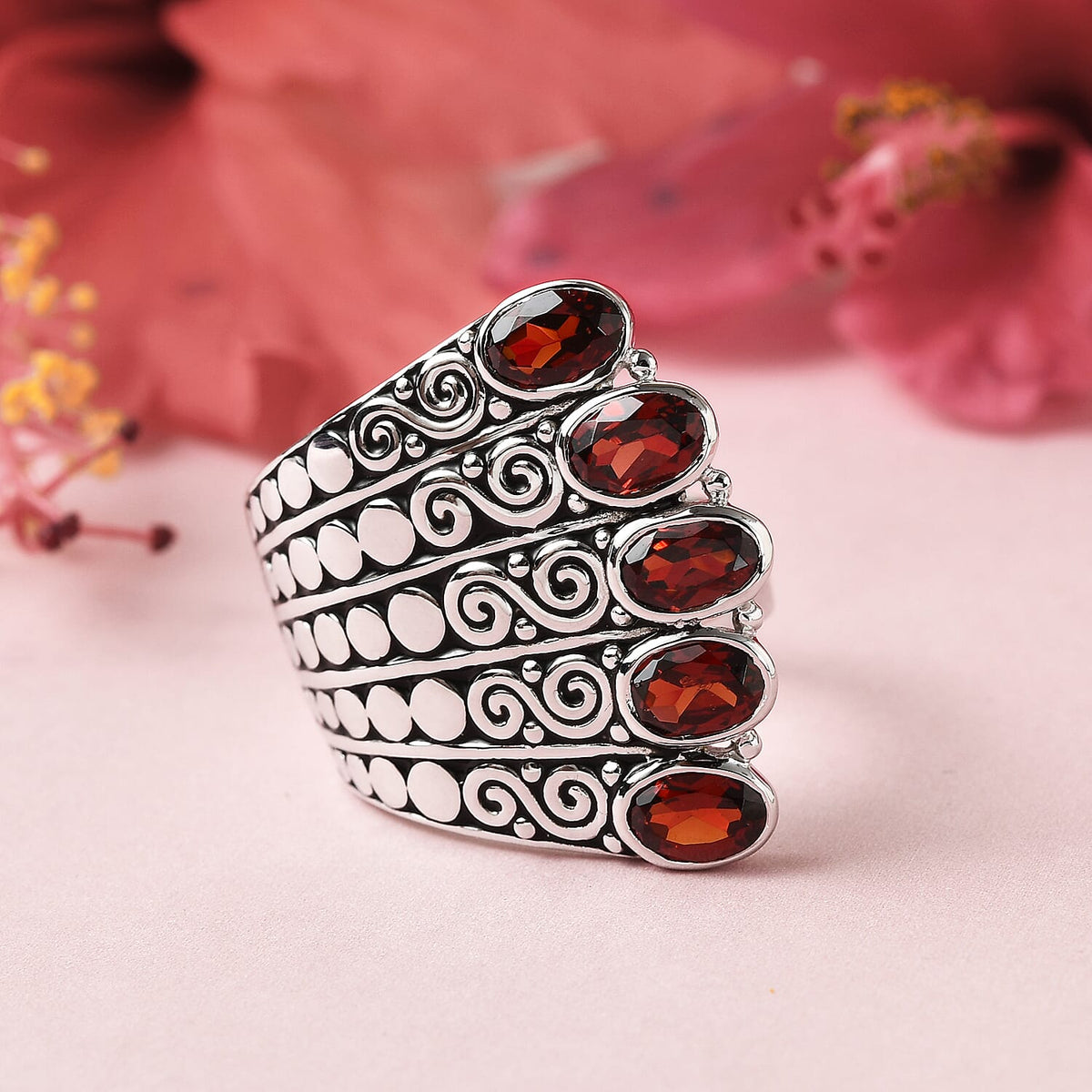 Sajen Silver CULTURAL FLAIR Collection - Mozambique Garnet Enamelled Ring in Rhodium Plated Sterling Silver 2.25 ct, Silver wt 8.50 Gms 6126826 0