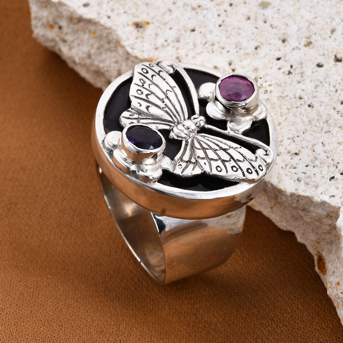 Sajen Silver Collection - Black Shell Pearl, Pink Sapphire, African Amethyst Ring Sterling Silver 0.95 ct. 7144935 7