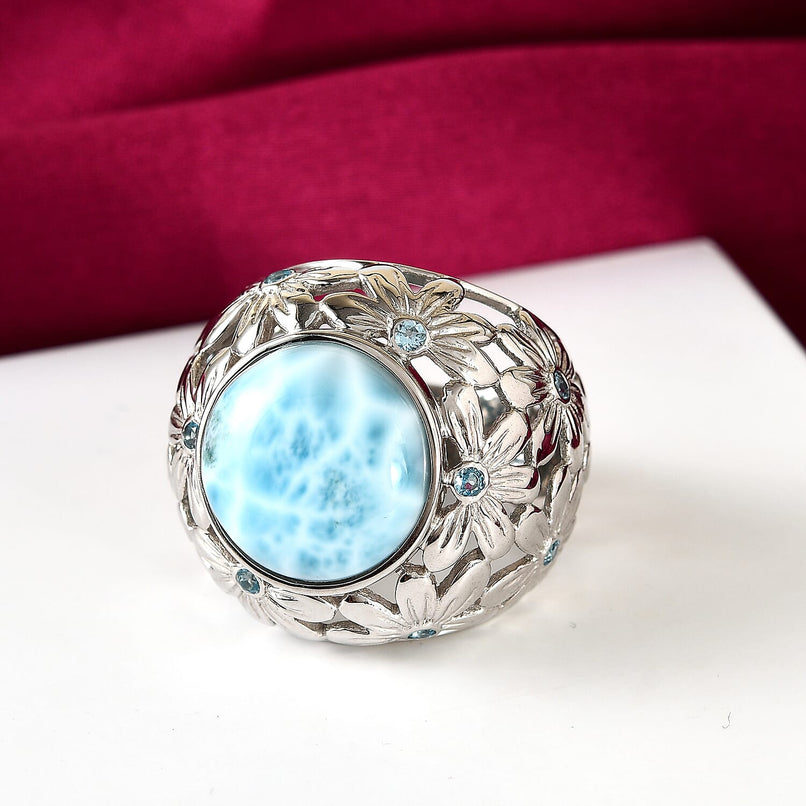 Sajen Silver Cultural Flair Collection Larimar and Blue Topaz Floral Ring in Sterling Silver 11.00 Ct, Silver wt 10.75 Gms
