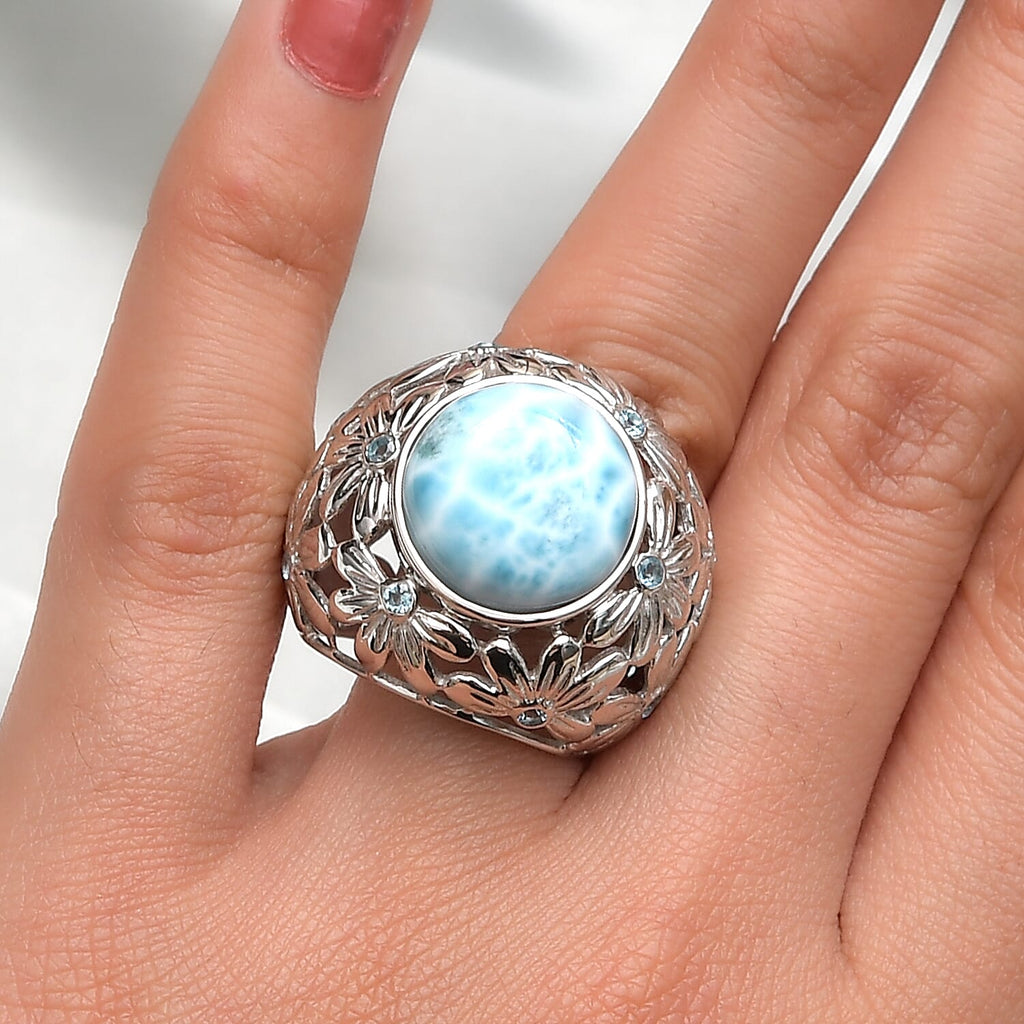 Sajen Silver Cultural Flair Collection Larimar and Blue Topaz Floral Ring in Sterling Silver 11.00 Ct, Silver wt 10.75 Gms