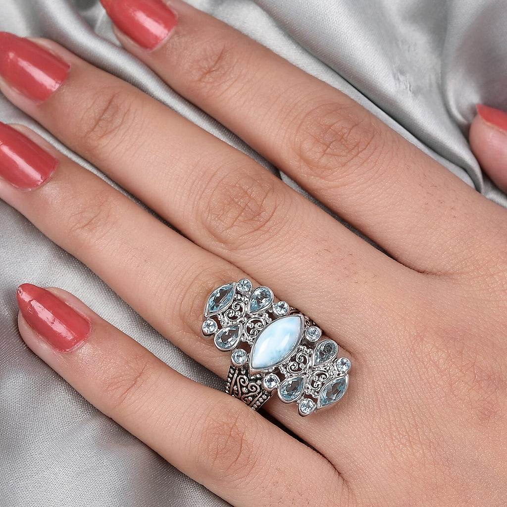 Sajen Silver Cultural Flair Collection - Larimar, Swiss Blue Topaz and Aquamarine Colour Doublet Quartz Enamelled Ring in Platinum Overlay Sterling Silver 3.35 Ct.