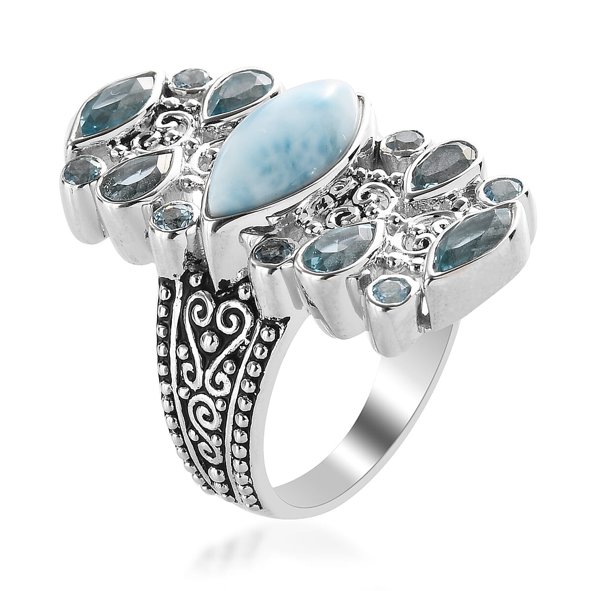 Sajen Silver Cultural Flair Collection - 3.35 Ct. Larimar, Swiss Blue Topaz and Aquamarine Colour Doublet Quartz Enamelled Ring in Platinum plating Sterling Silver 6254867 4