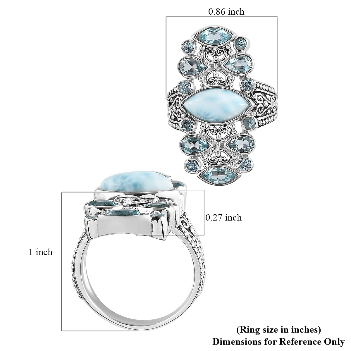 Sajen Silver Cultural Flair Collection - 3.35 Ct. Larimar, Swiss Blue Topaz and Aquamarine Colour Doublet Quartz Enamelled Ring in Platinum plating Sterling Silver 6254867 6