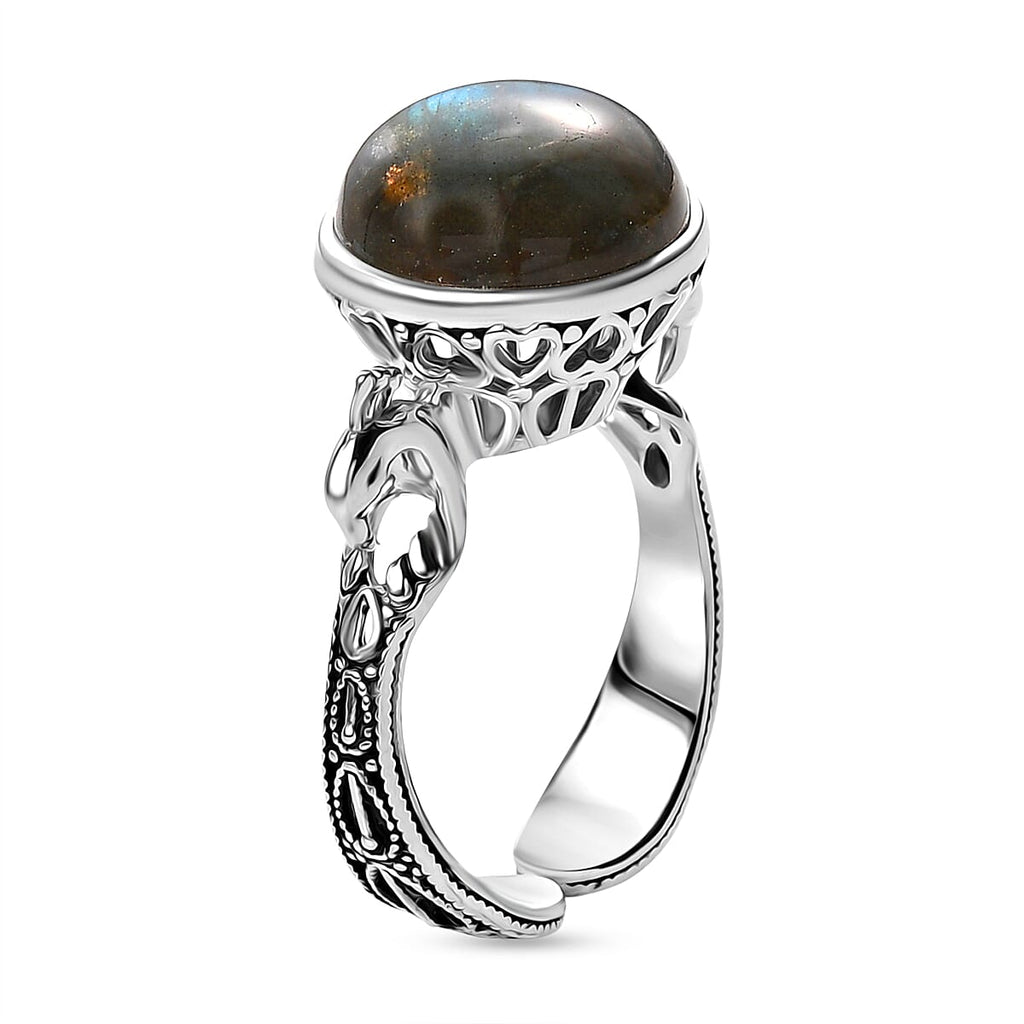 Sajen Silver Labradorite Adjustable Ring in Rhodium Overlay Sterling Silver 5.47 Ct.