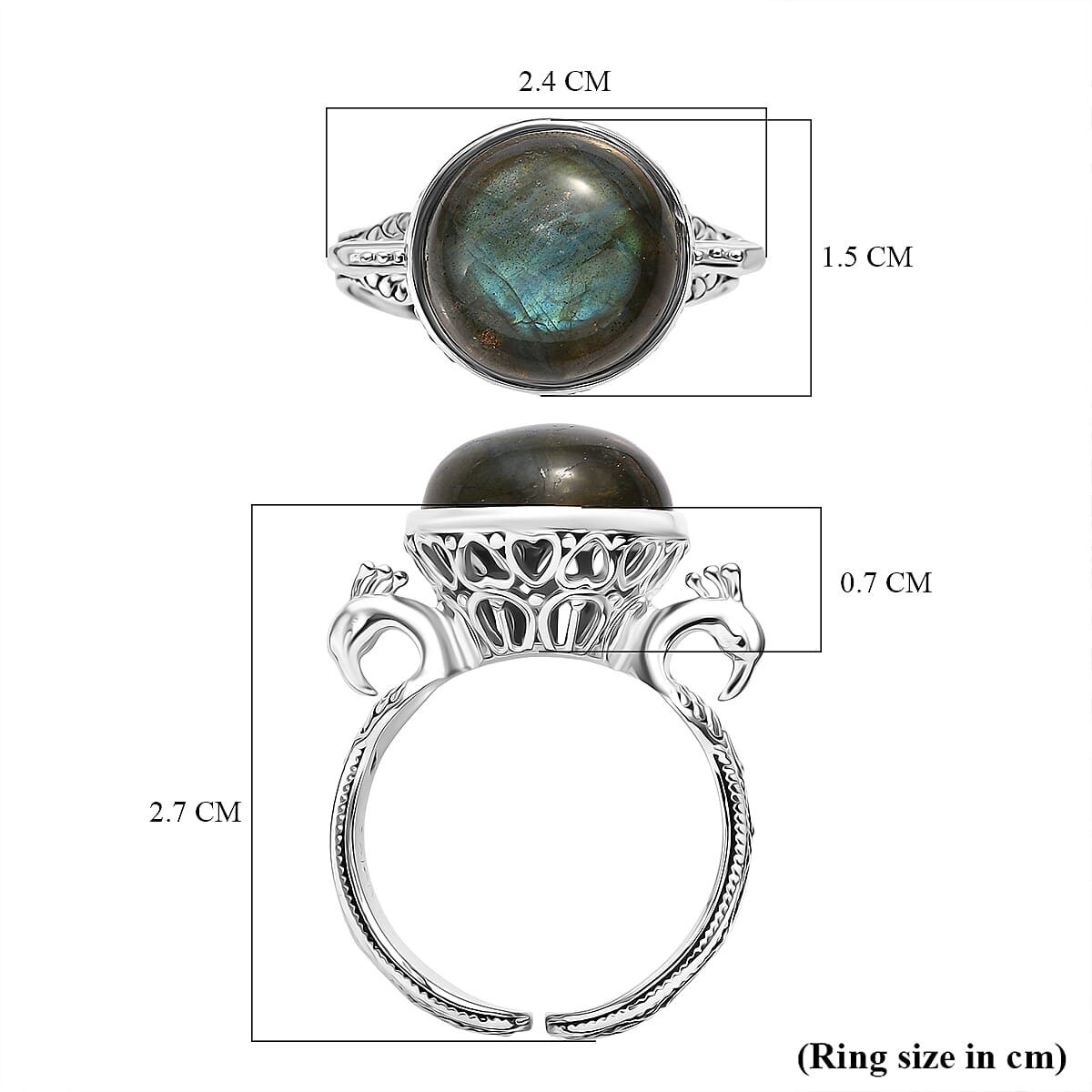 Sajen Silver Labradorite Adjustable Solitaire Ring in Rhodium Overlay Sterling Silver 5.47 Ct. 8364395 5
