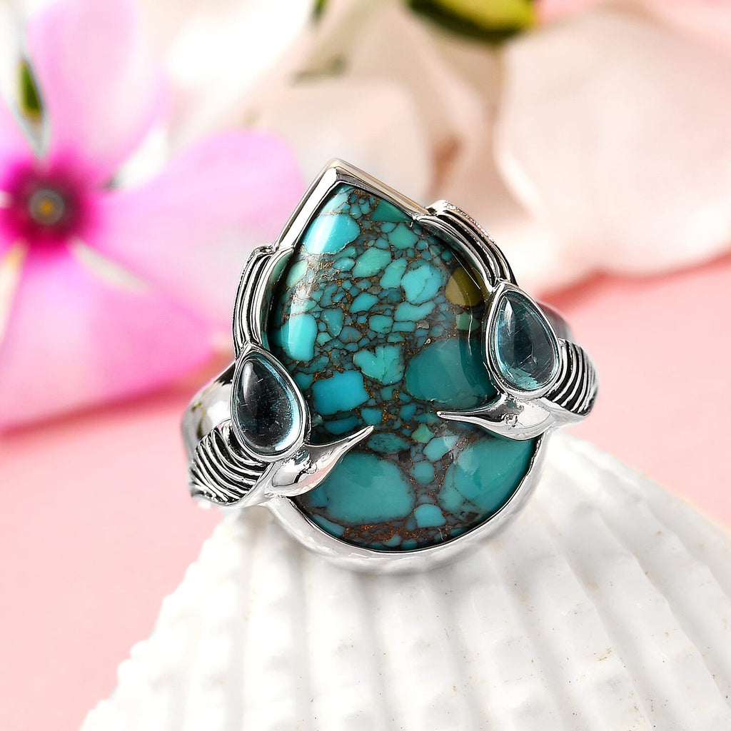 Royal Bali NATURES JOY Collection Turquoise and Blue Green Apatite Enamelled Ring in Rhodium Overlay Sterling Silver 8.85 Ct.