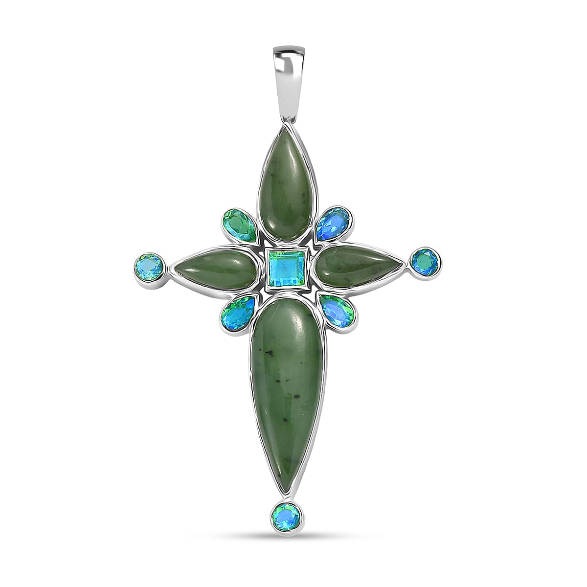 Sajen Silver Nephrite Jade &amp; Peacock Triplet Quartz Pendant in Rhodium Overlay Sterling Silver 14.25 Ct, Silver Wt. 5.43 Gms. 8364302 0