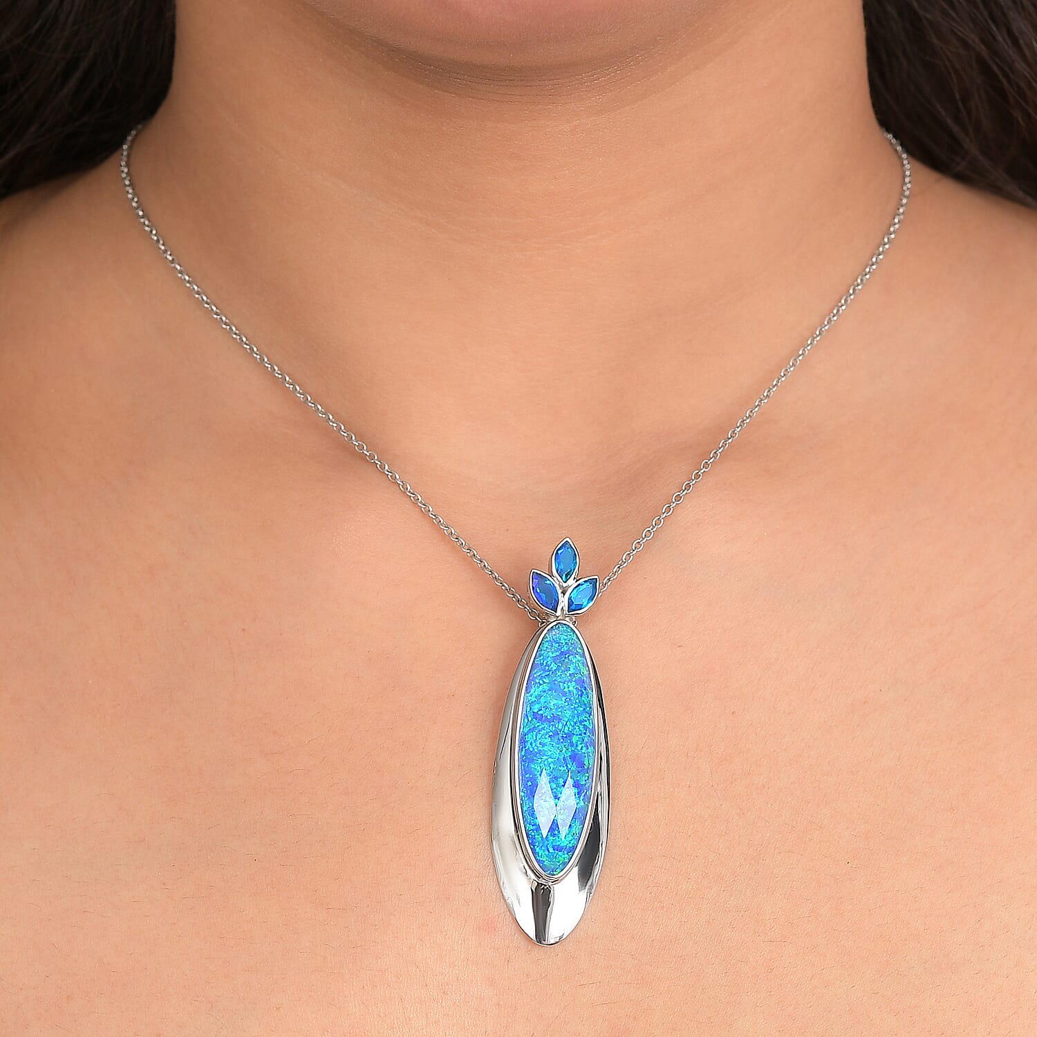 Sajen Silver- Opal Doublet &amp; Paraiba Triplet Quartz Pendant in Rhodium Overlay Sterling Silver 19.30 Ct. 8364369 2