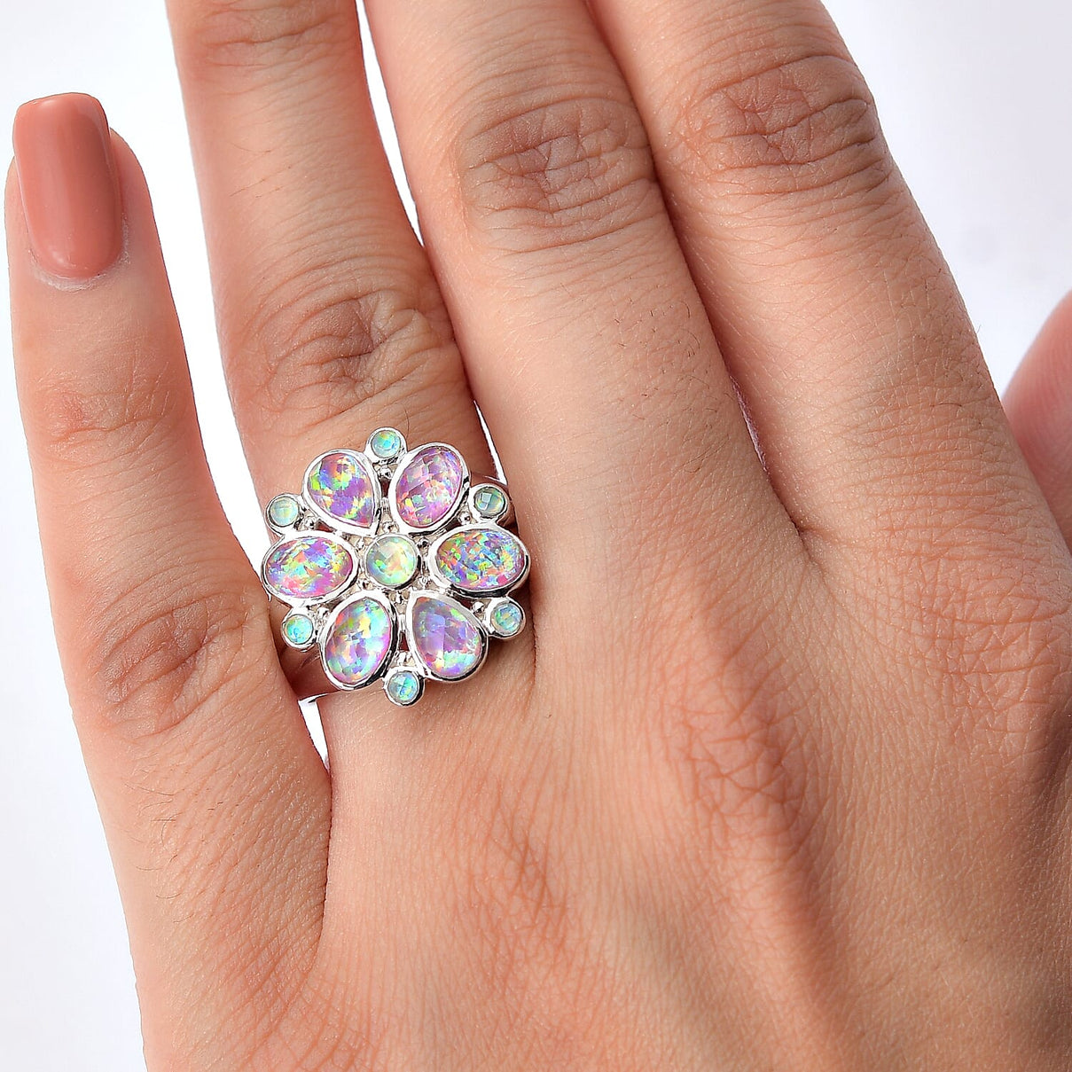 Sajen Silver Opal Doublet Floral Ring in Rhodium Overlay Sterling Silver 3.33 Ct. 8364284 2