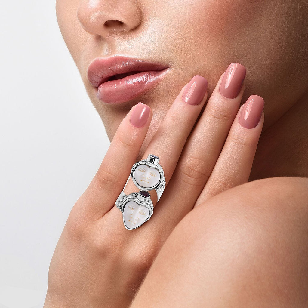 Royal Bali Princess Collection - Ox Bone and Rhodolite Garnet Ring in Sterling Silver, Silver Wt 12.00 Gms
