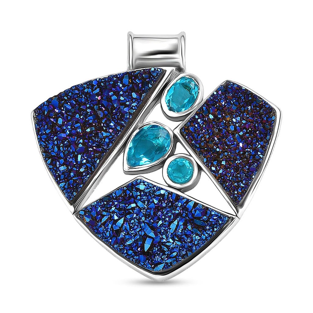 Sajen Silver Paraiba Triplet Quartz & Drusy Agate Pendant in Rhodium Overlay Sterling Silver 10.88 Ct