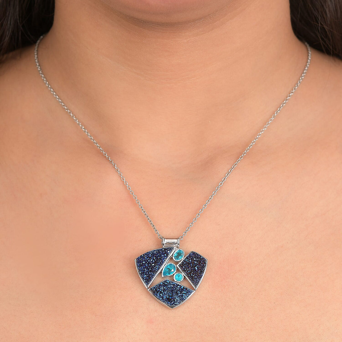 Sajen Silver Paraiba Triplet Quartz &amp; Drusy Agate Pendant in Rhodium Overlay Sterling Silver 10.88 Ct 8364304 2