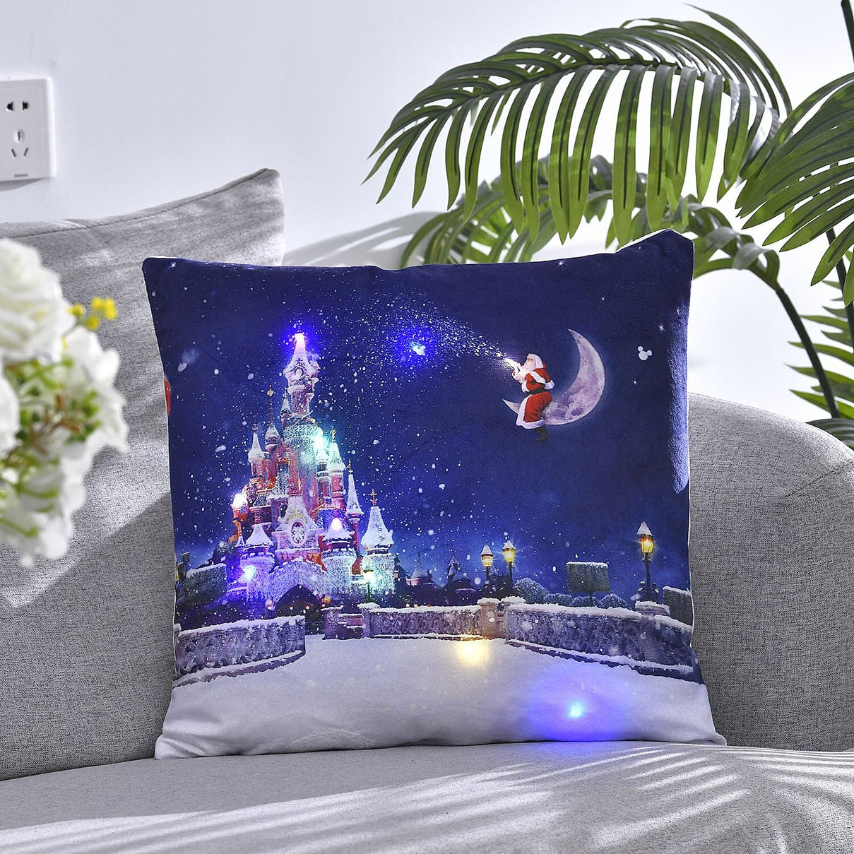 Santa Claus Overlooking a Snowy Castle Printed Christmas theme LED Cushion Cover (Size 45 Cm) - Multi 8860195 0
