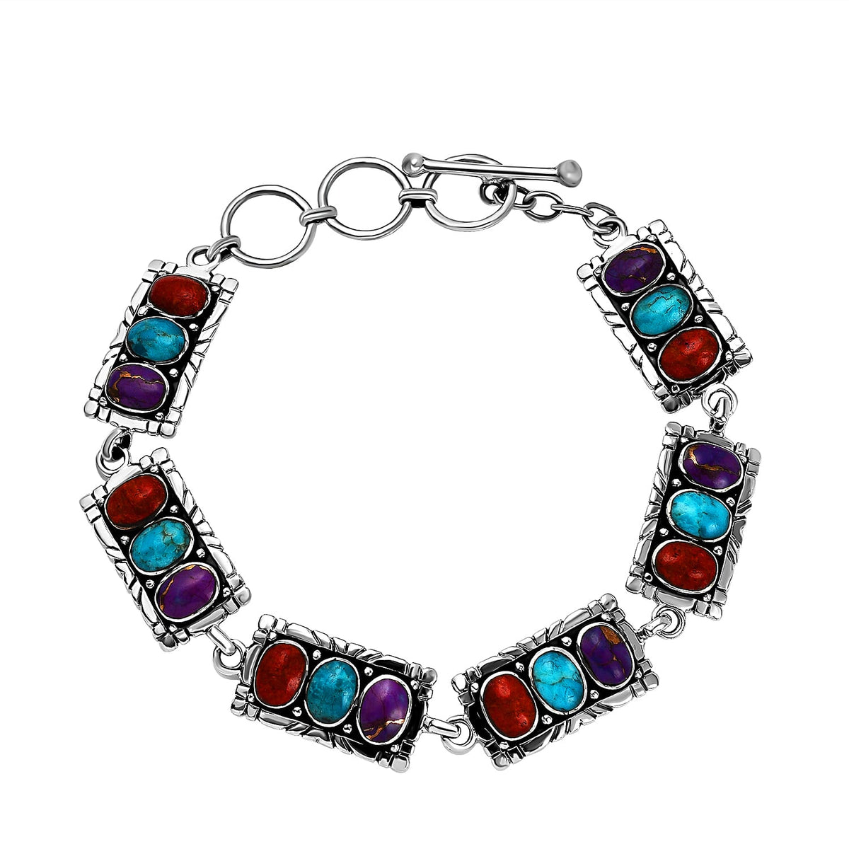 Santa Fe Collection - Multi Gemstone Bracelet (Size - 7.5 With Extenders) With T-Bar clasp  in Rhodium Overlay Sterling Silver 5.85 Ct, Silver Wt.13.30 Gms 7186958 0