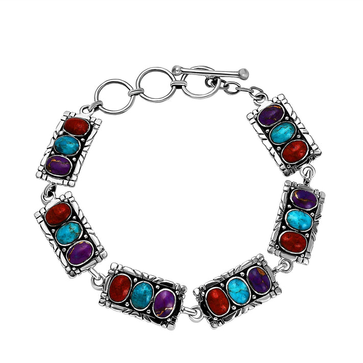 Santa Fe Collection - Multi Gemstone Bracelet (Size - 7.5 With Extenders) With T-Bar clasp  in Rhodium Overlay Sterling Silver 5.85 Ct, Silver Wt.13.30 Gms 7186958 1