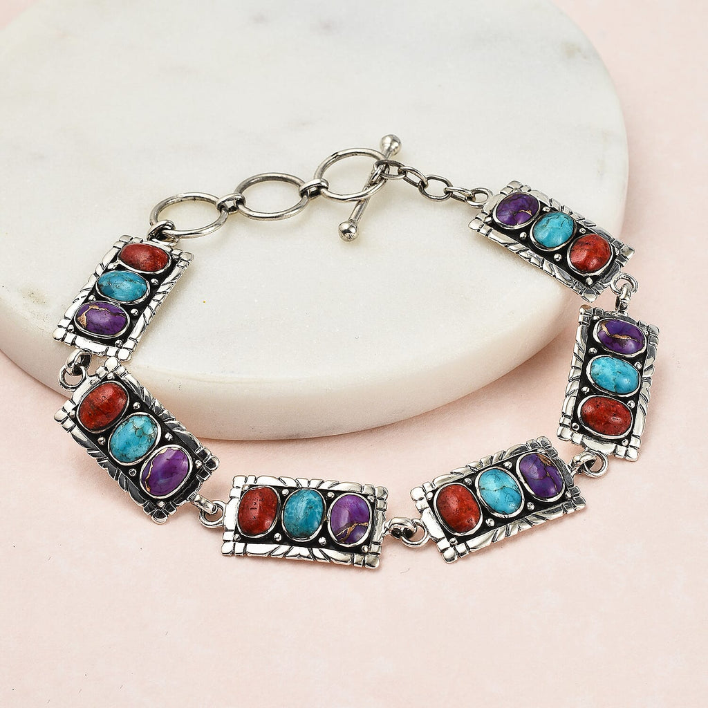 Santa Fe Collection - Multi Gemstone Bracelet (Size - 7.5 With Extenders) With T-Bar clasp  in Rhodium Overlay Sterling Silver 5.85 Ct, Silver Wt.13.30 Gms