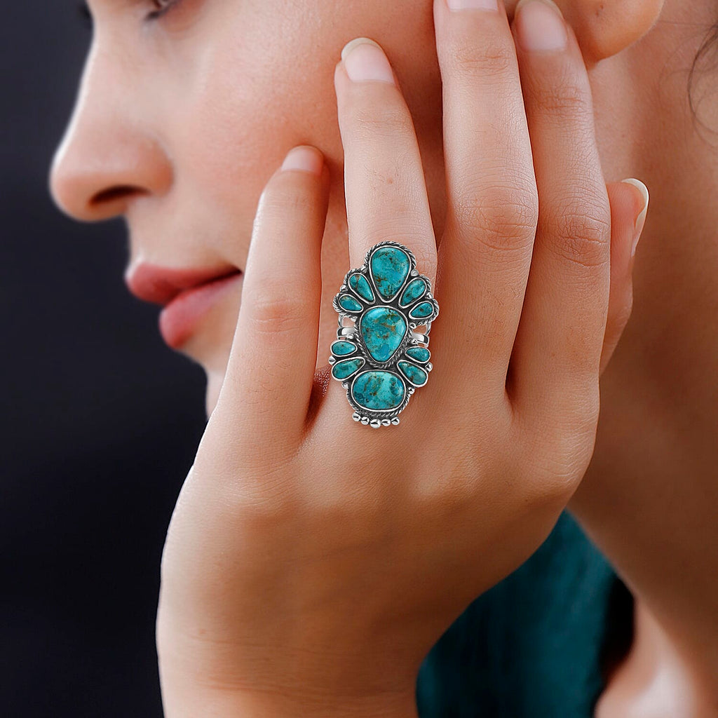 Santa Fe Collection - Turquoise Ring in Rhodium Overlay Sterling Silver 1.45 Ct, Silver Wt. 7.10 Gms