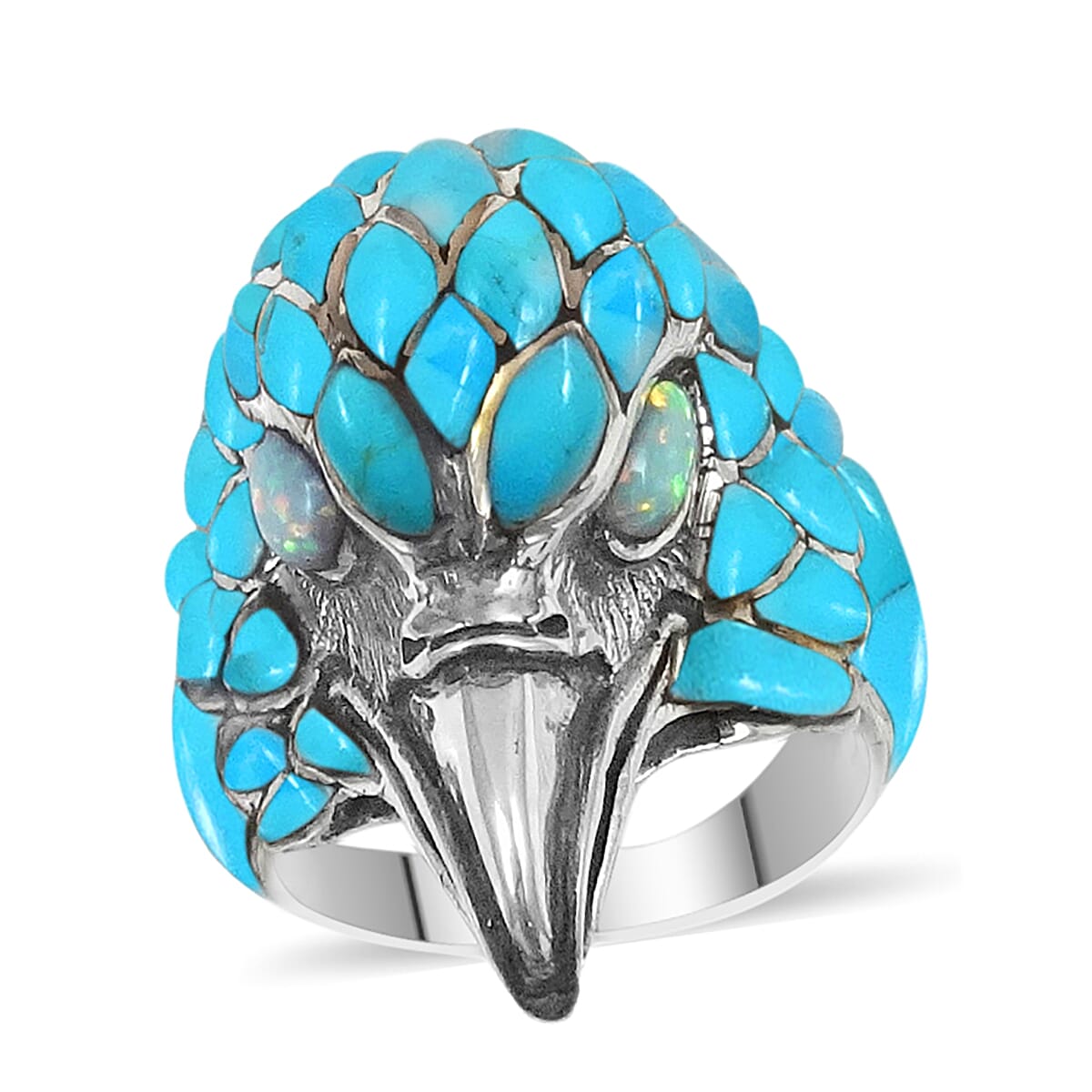 Santa Fe Collection 7 Ct.Turquoise and Lab Created Opal Mens Hawk Head Ring in Sterling Silver 7020978 0