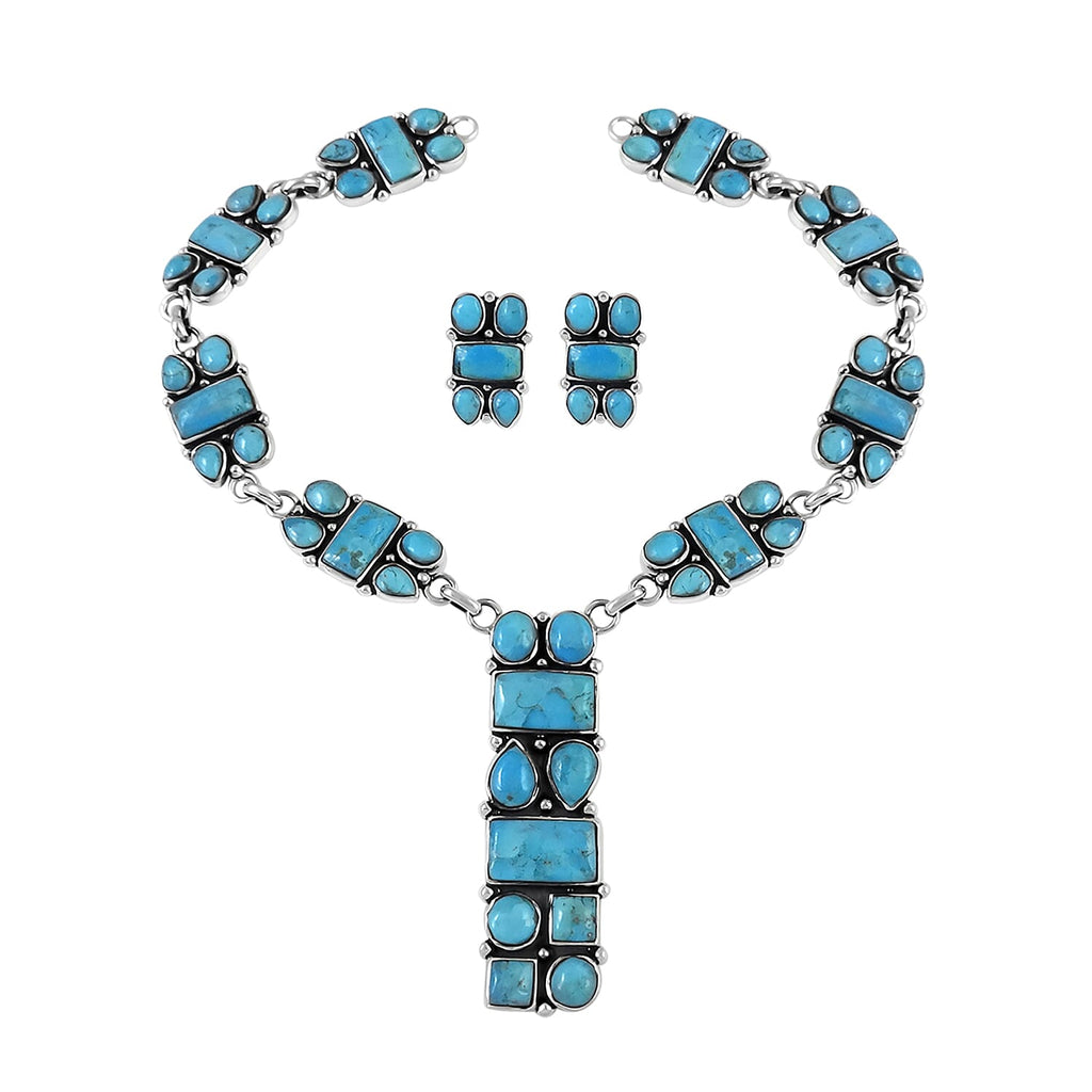 Santa Fe Collection - 2 Piece Set Artisan Crafted Turquoise Necklace (Size 18-2 Inch Ext.) and Earrings in Rhodium Overlay Sterling Silver