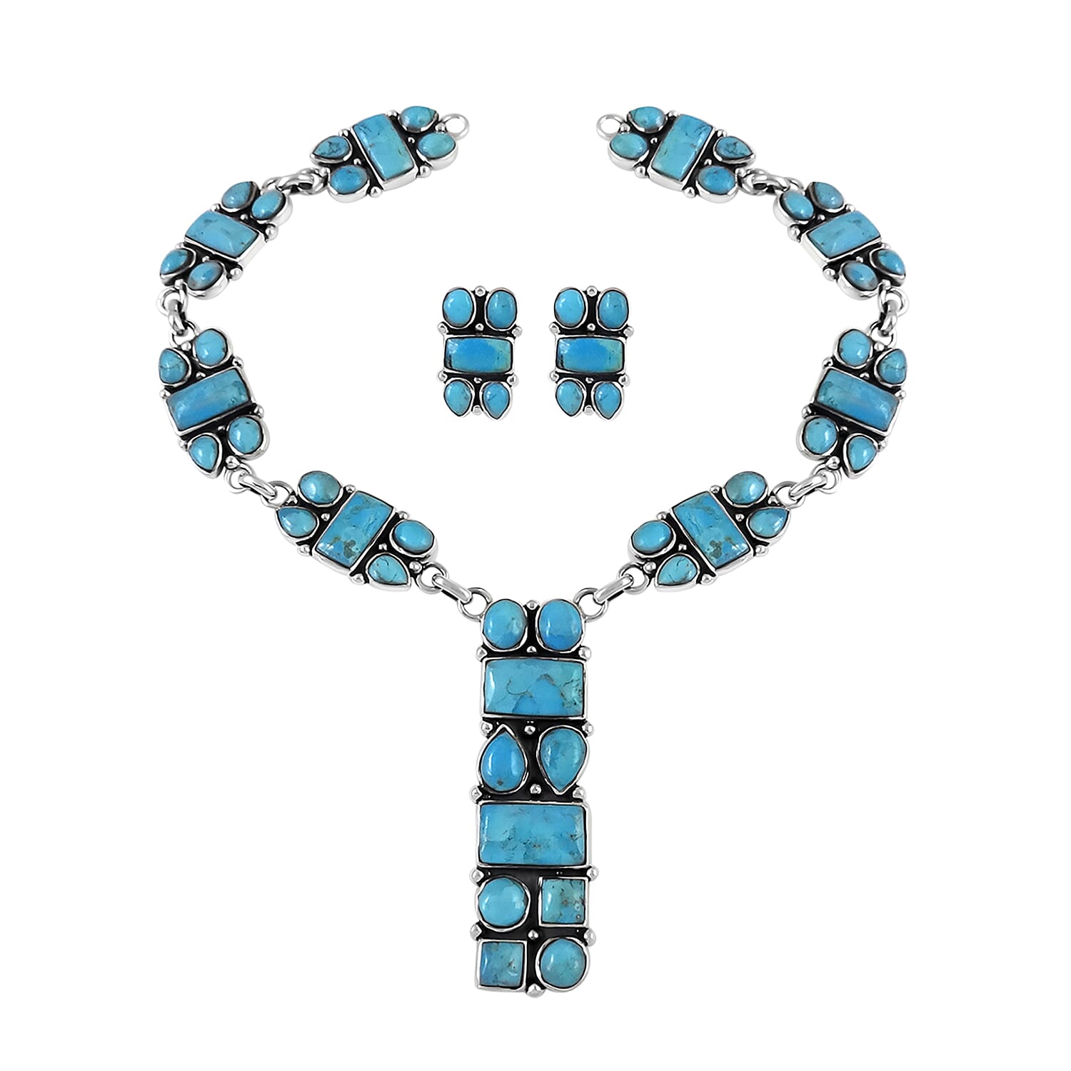 Santa Fe 2 Pc Set 51 Ct Turquoise Necklace in 18 inch and Earrings in Rhodium Plated Sterling Silver 6091310 0